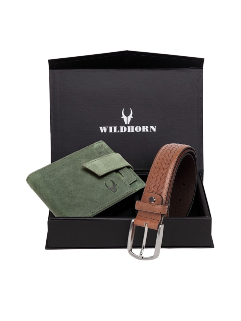 

WildHorn Men Green & Brown Textured RFID Protected Genuine Leather Accessory Gift Set