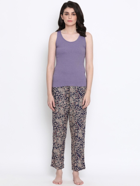 

Clovia Women Purple & Navy Blue Solid Night suit