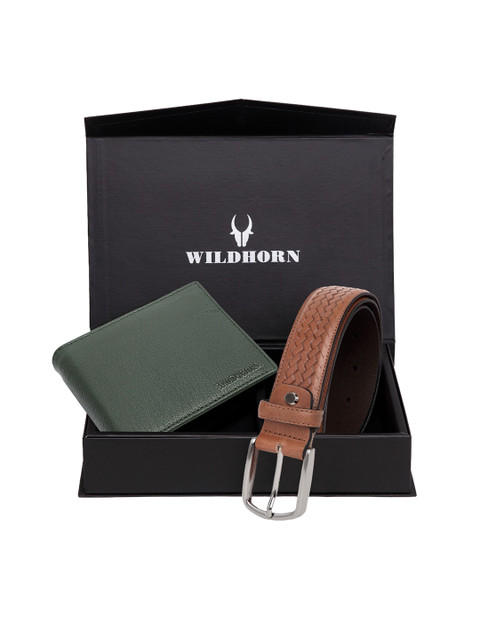 

WildHorn Men Green & Brown Textured RFID Protected Genuine High Quality Leather Wallet & Belt Combo Gift Set