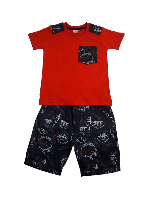 

POMY & JINNY Boys Red & Navy Blue Printed T-shirt with Shorts
