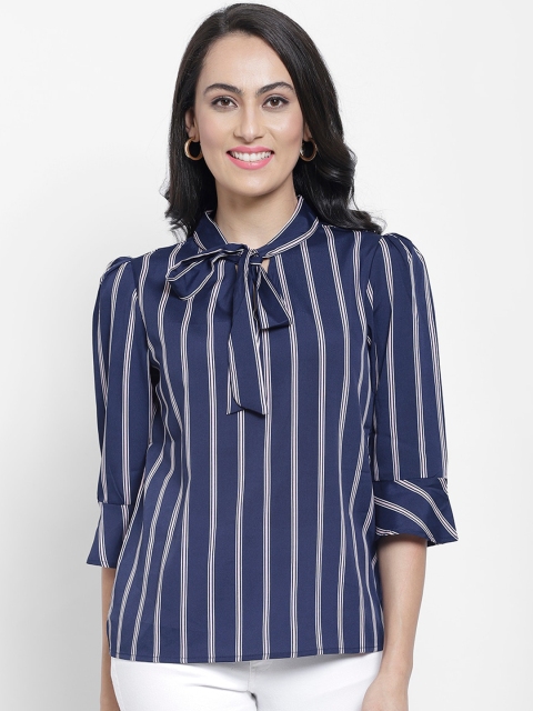

NIXX Women Navy Blue Striped Shirt Style Top