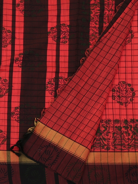 

Pothys Orange Checked Cotton Blend Saree