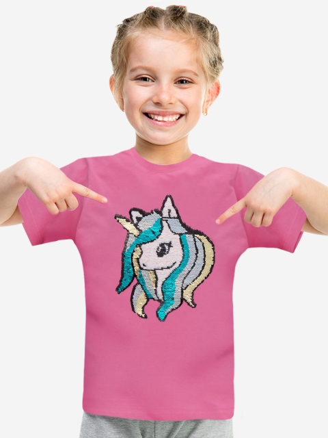 

MAGIC TEES Girls Pink Unicorn Mermaid Sequin Round Neck T-shirt