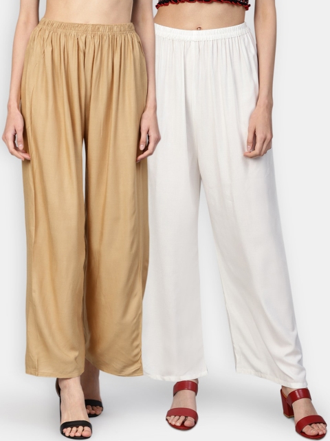 

Jompers Women Pack of 2 Off-White & Beige Solid Wide Leg Palazzos