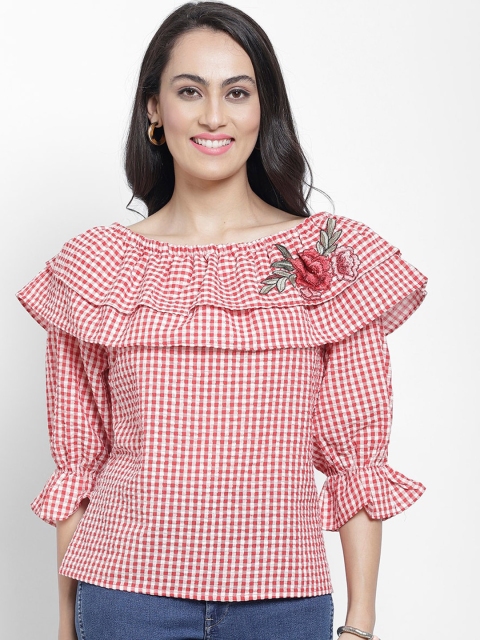 

NIXX Women Red Checked Bardot Pure Cotton Top