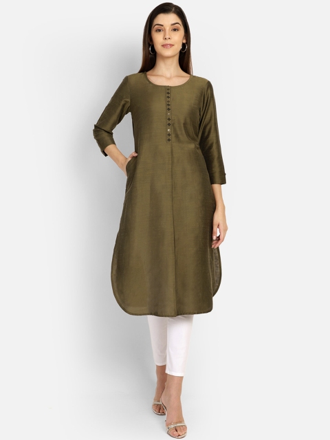 

Saffron Threads Women Olive Green Solid A-Line Kurta