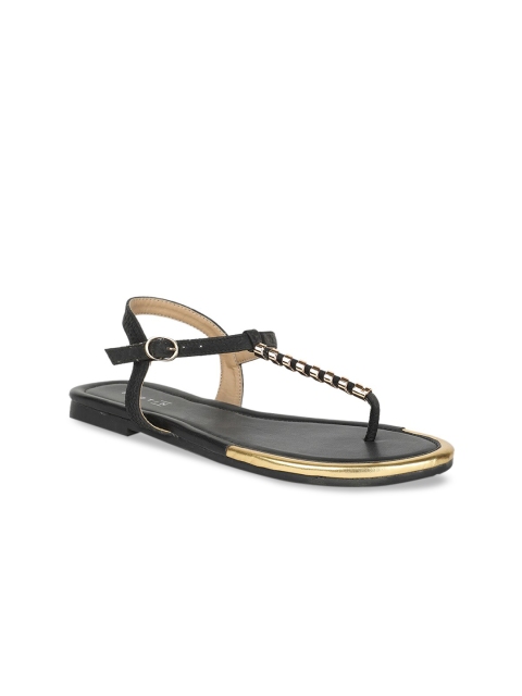 

Footin Women Black Embellished PU T-Strap Flats