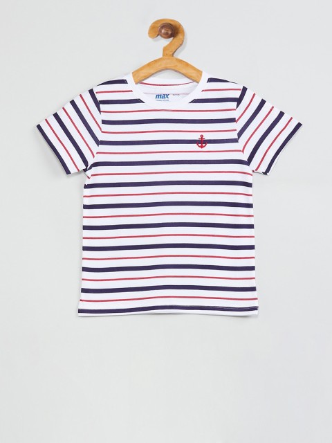 

max Boys White Striped Round Neck T-shirt