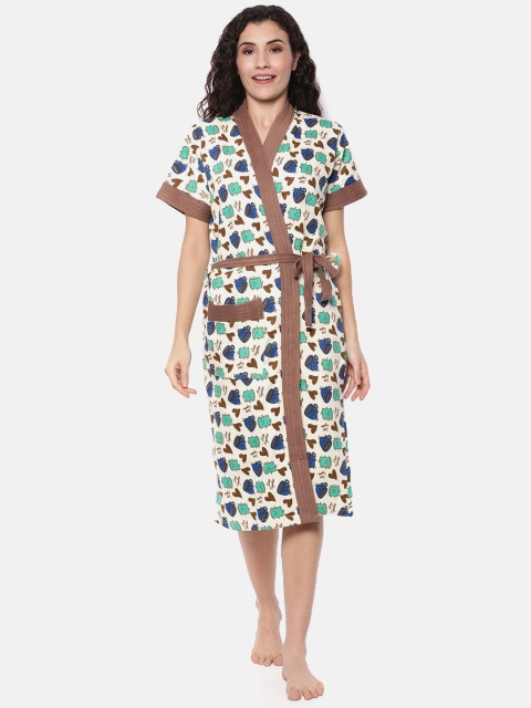 

Red Rose Women Off-White & Blue Heart Printed Bath Robe