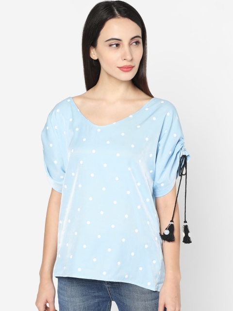 

Deal Jeans Women Aqua Blue & White Polka Dots Printed Top