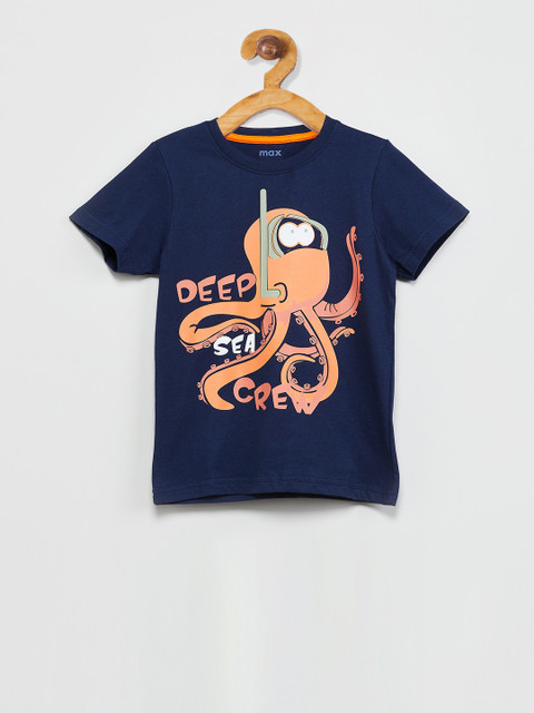 

max Boys Navy Blue Printed Round Neck T-shirt