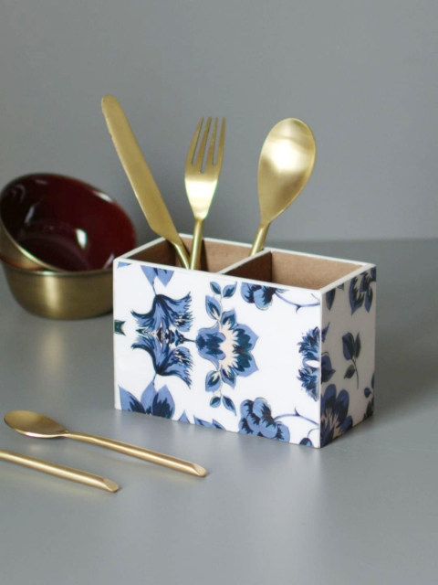 

nestroots Set of 2 White & Blue Mango Wood Cutlery Holders