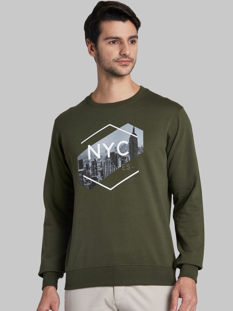 Parx Men Olive Green & Grey Printed Sweatshirt