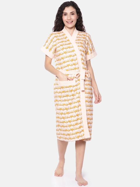 

Red Rose Women Peach-Coloured & Yellow Birds Printed Bath Robe