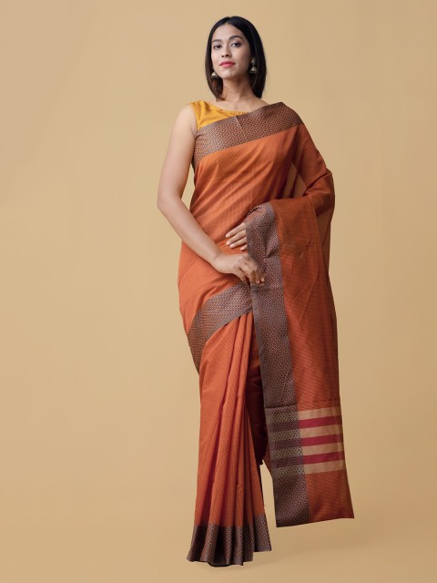 

Unnati Silks Red & Yellow Silk Cotton Striped Chanderi Saree
