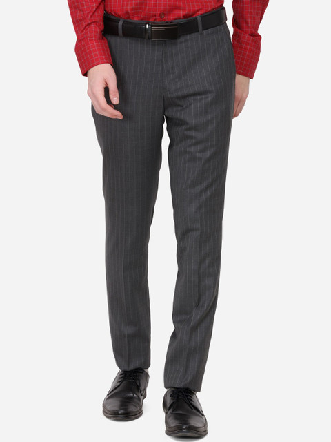 

JADE BLUE Men Grey Skinny Fit Striped Formal Trousers