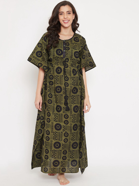 

The Kaftan Company Olive Green Printed Nightdress