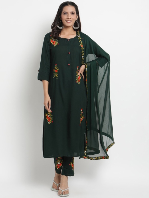 

Prakhya Women Teal Green Floral Embroidered Kurta with Trousers & Dupatta