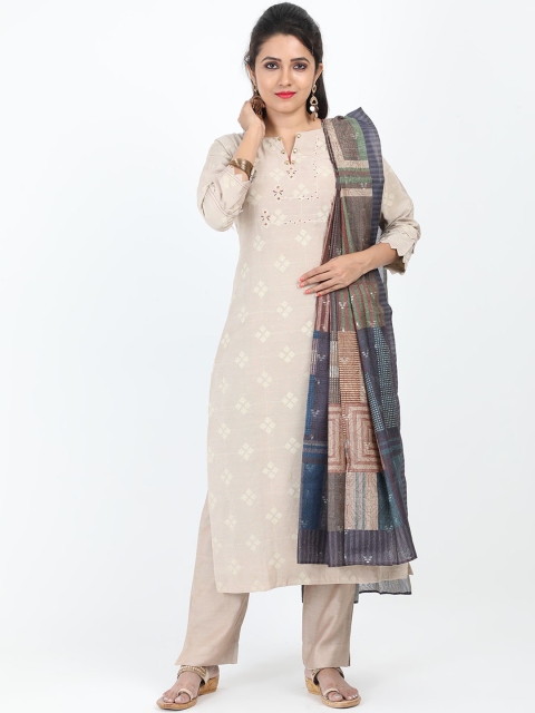 

SABOO COLLECTIONS Women Beige & Grey Embroidered Kurta with Trousers & Dupatta