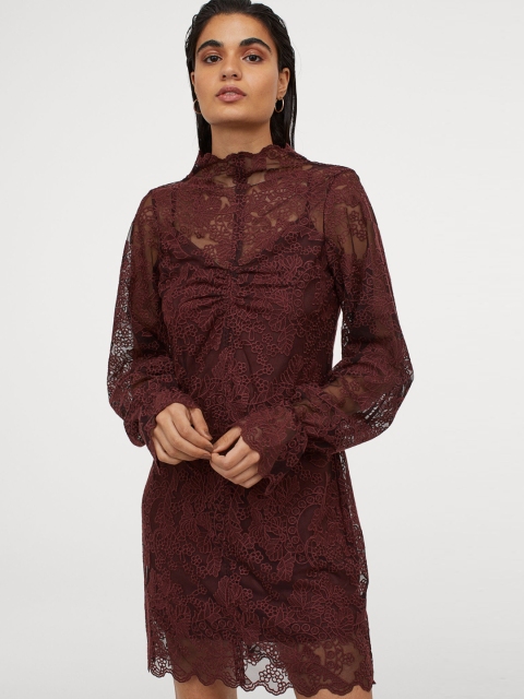 H&M Women Red Lace Stand-Up Collar Dress