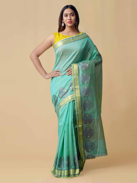 

Unnati Silks Green Silk Cotton Woven Design Kanjeevaram Saree