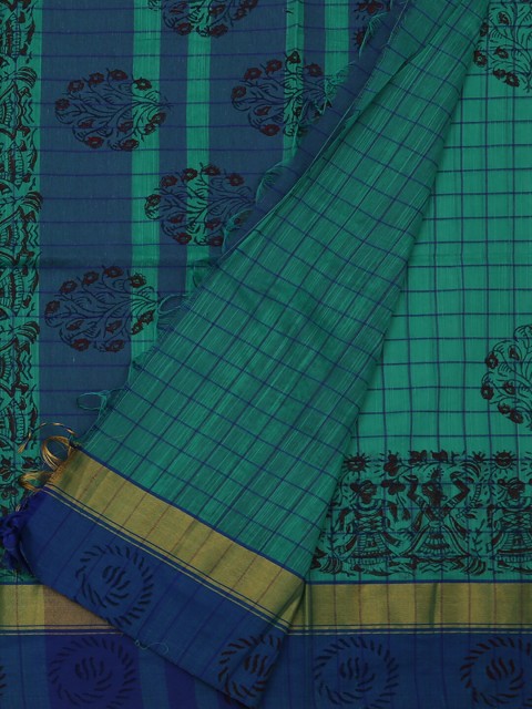 

Pothys Green Checked Cotton Blend Saree