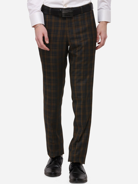 

JB STUDIO Men Blue & Brown Slim Fit Checked Formal Trousers