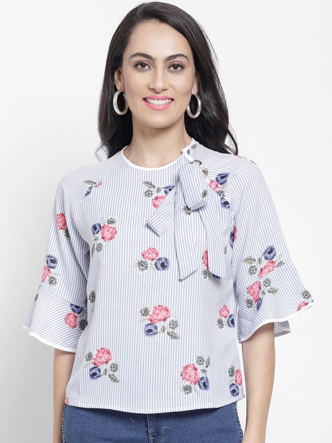 

NIXX Women White & Blue Floral Print Top