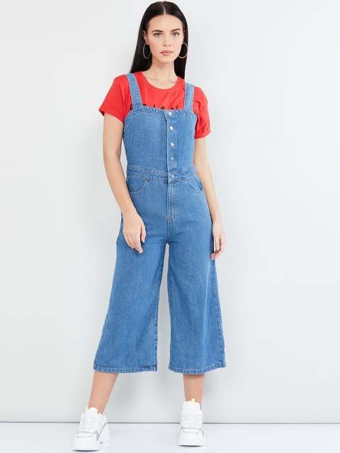 

max Women Blue Solid Cropped Denim Dungarees