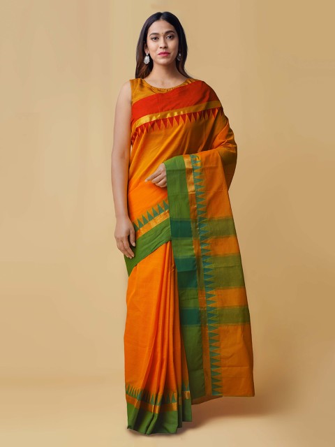 

Unnati Silks Yellow & Green Pure Cotton Striped Kanjeevaram Saree