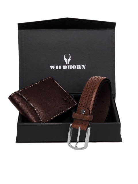 WildHorn Men Brown & Silver-Toned Textured RFID Protected Genuine Leather Accessory Gift Set