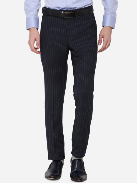 

JADE BLUE Men Navy Blue Skinny Fit Striped Formal Trousers