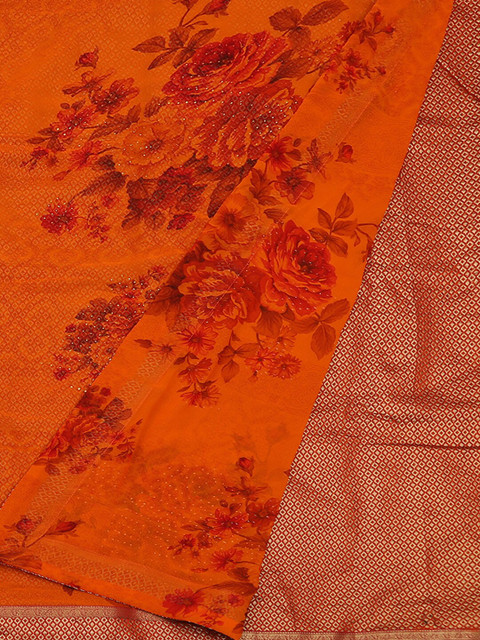 

Pothys Orange Floral Printed Poly Georgette Saree