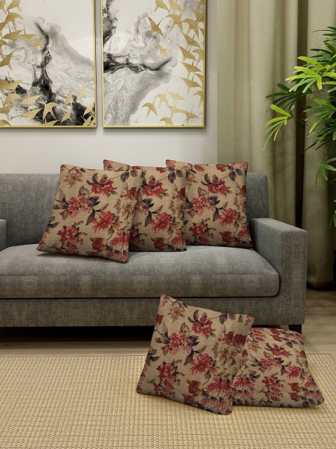 

KLOTTHE Set Of 5 Beige & Red Printed Square Cushions