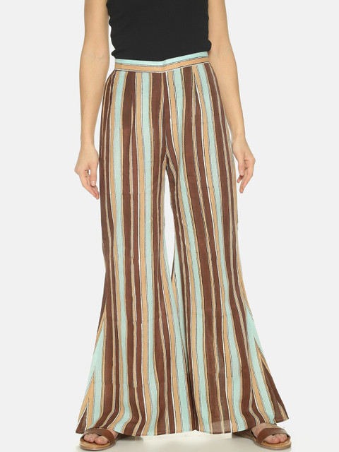 

NANGALIA RUCHIRA Women Brown & Yellow Striped Wide Leg Harem Pants