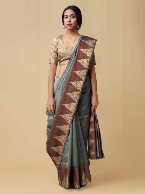 

Unnati Silks Grey & Gold-Toned Silk Cotton Solid Kanjeevaram Saree
