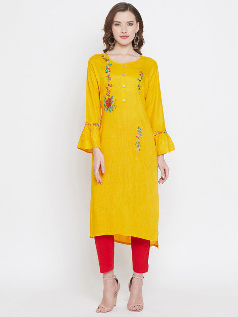 

Castle Women Mustard Yellow Embroidered Straight Kurta