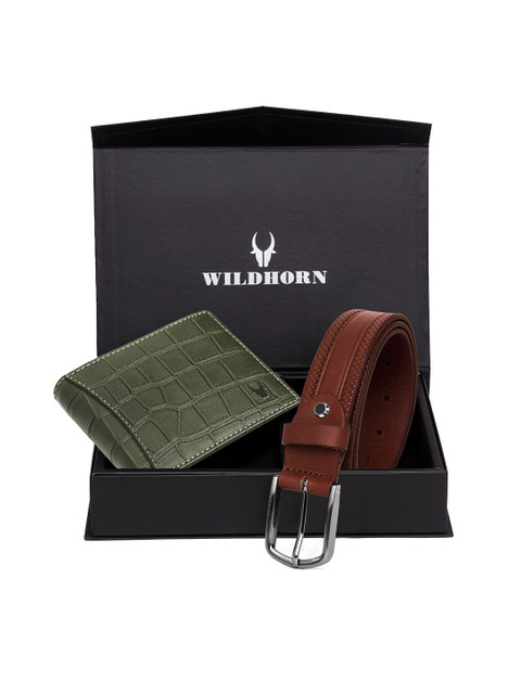 

WildHorn Men Green & Brown RFID Protected Genuine High-Quality Leather Wallet & Belt Accessory Gift Set