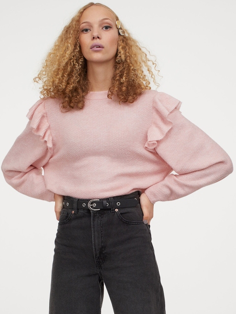

H&M Women Pink Solid Flounce-Trimmed Jumper