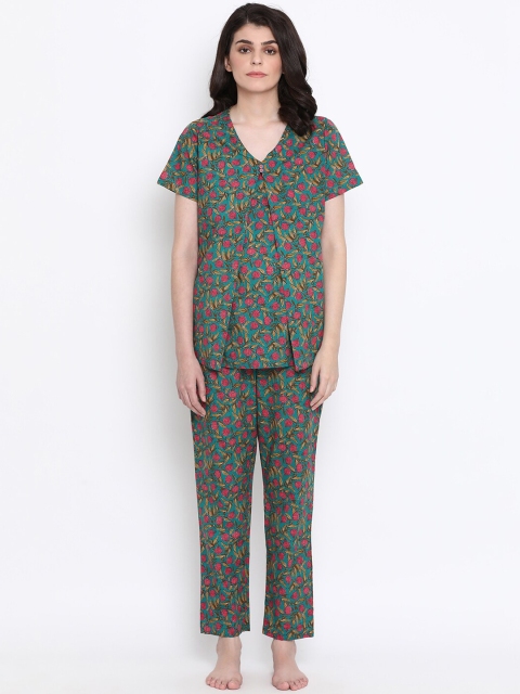 

Clovia Women Green & Pink Floral Print Night Suit