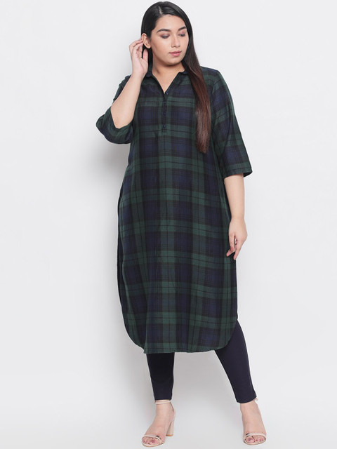 

Amydus Women Green & Blue Checked Straight Kurta