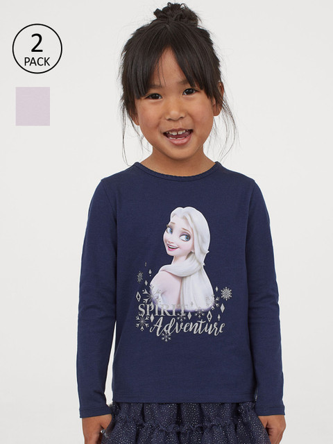 

H&M Girls Navy Blue & Pink 2-Pack Printed Jersey Tops