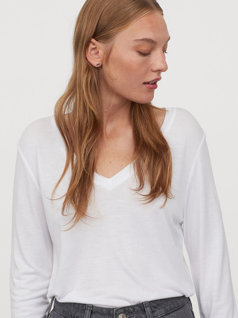 

H&M Women White Solid V-neck Jersey Top