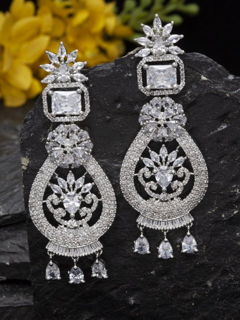 

Bhana Fashion White & Silver-Toned Teardrop Shaped Drop Earrings