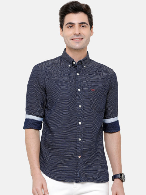 

Double Two Men Blue & Off-White Slim Fit Striped Casual Shirt