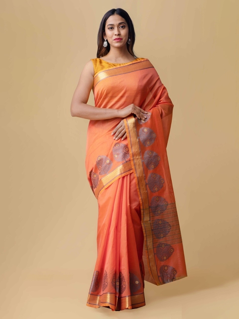 

Unnati Silks Orange Silk Cotton Solid Kanjeevaram Saree