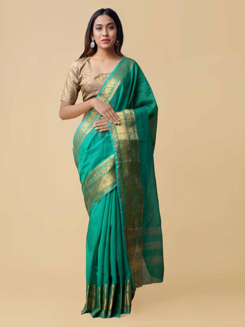 

Unnati Silks Green Silk Cotton Solid Kanjeevaram Saree