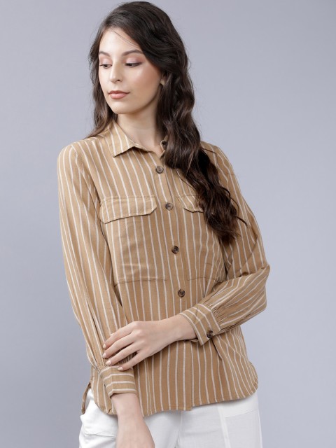 

Tokyo Talkies Women Khaki & Cream-Coloured Regular Fit Striped Casual Shirt
