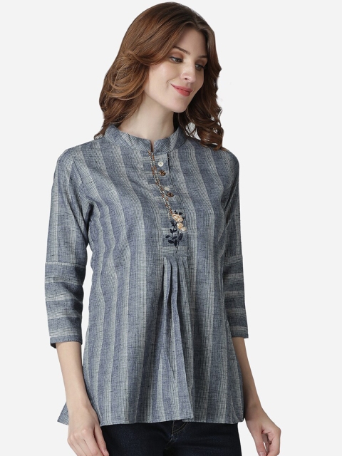 

LABEL REGALIA Women Blue Striped A-Line Pure Cotton Top