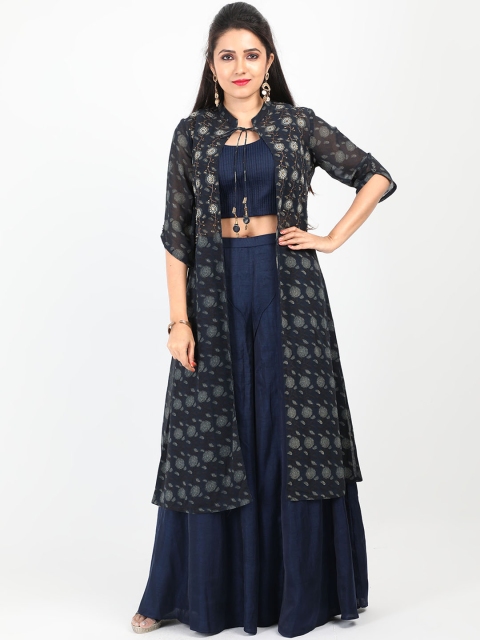 

SABOO COLLECTIONS Women Navy Blue Solid Top with Palazzos & Jacket